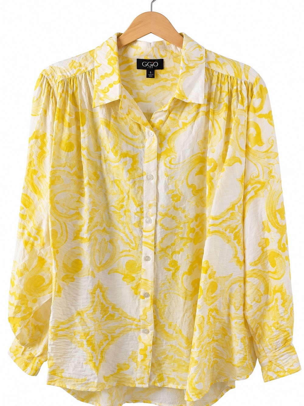 GIGIO Yellow White Swirl Print Button Down Blouse NWT Relaxed Oversized